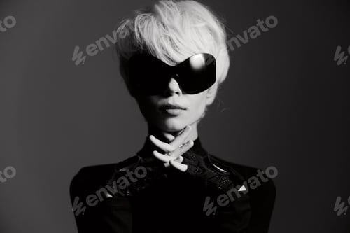 Preview: Stylish woman with platinum blonde hair wearing oversized sunglasses and lace gloves, exuding