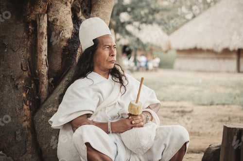 Preview: Portrait of an Arhuaco indigenous dressed in his traditional dress sitting on the roots of a tree.