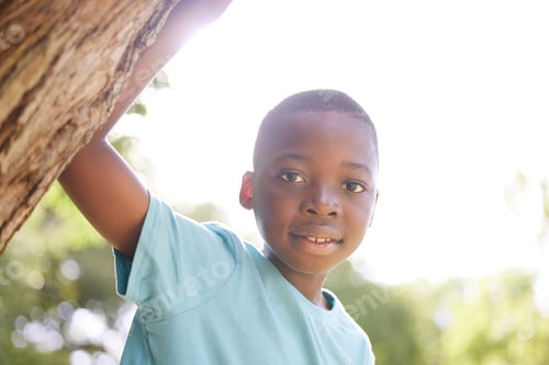 Preview: I always get in trouble for climbing trees. Shot of a young boy relaxing outside.