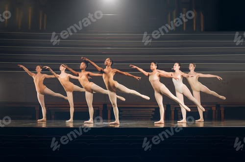 Preview: Shot of a group of ballet dancers practicing a routine on a stage