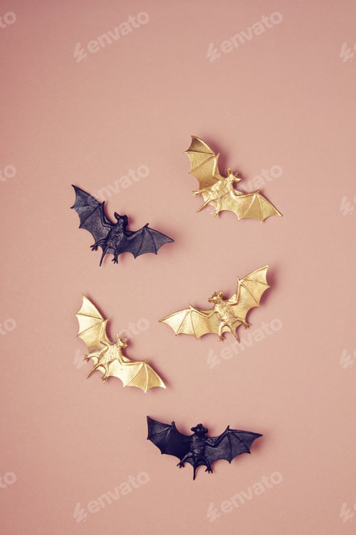 Preview: Top view of Halloween decoration with plastic bats. Party, invitation, halloween decoration