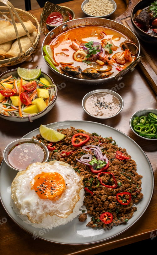 Preview: Pad Kra Pao Pork and Holy Basil Stir fry traditional thai food meal at restaurant in phuket thailand