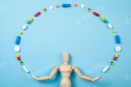 Preview: Figure of human and pharmaceutical medicine pills, tablets on blue background