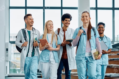 Preview: Happy medical and nursing students leaving the amphitheater after a lecture at medical university.