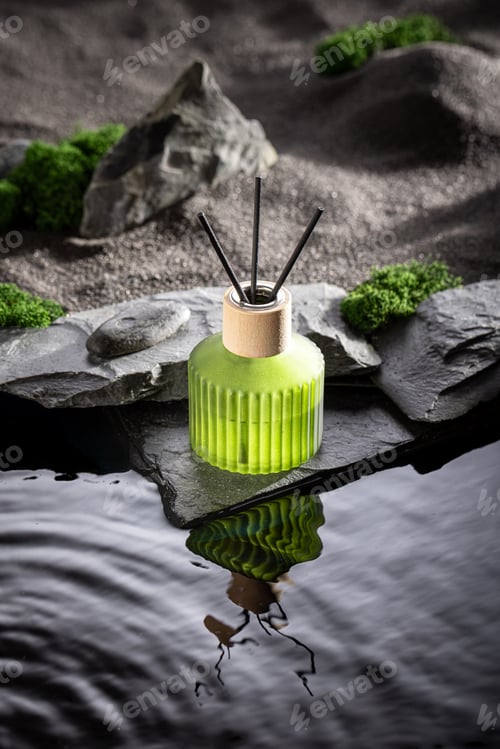Preview: Intense fragrance diffuser on a lunar landscape with small pond.