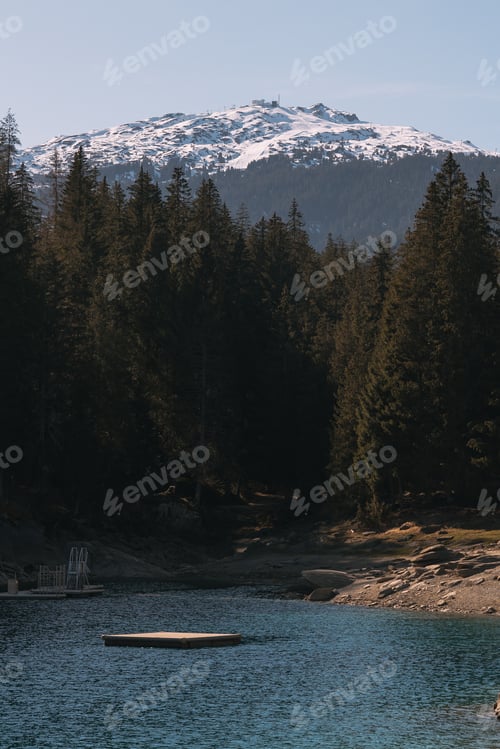 Preview: Small wooden raft floating on a lake with conifers and snowy mountain in the background