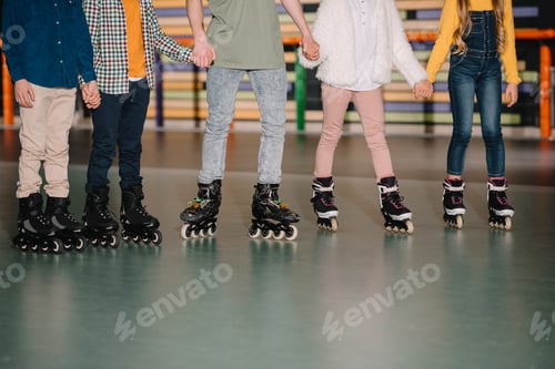 Preview: Partial view of children group in roller skates holding hands