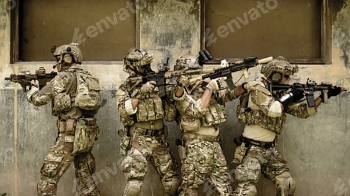 Preview: Squad of soldiers running forward and attacking enemy during military operation, Army soldiers in