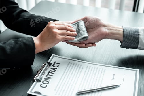 Preview: Business woman giving bribe money to businessman to bribing deal contract in a corruption, Illegal