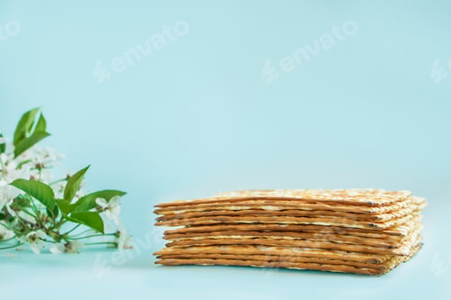 Preview: Matzo bread and spring flowers on a blue background.