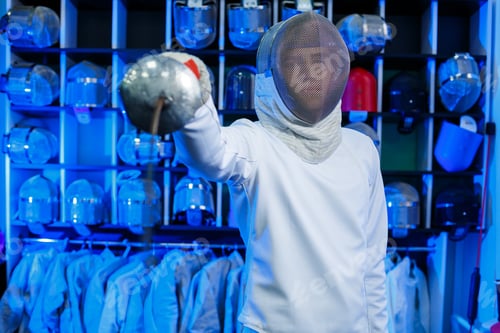 Preview: Young guy in a fencing suit with a sword in his hand, on a blue background, neon light.