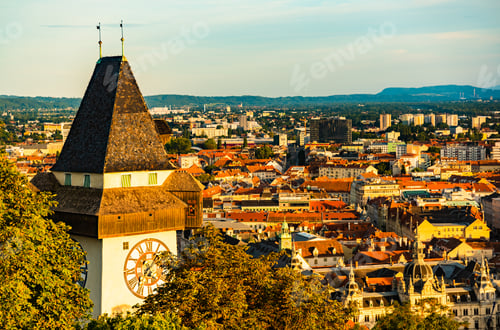 Preview: View at famous Clock Tower Uhrturm at Schlossberg hill. Copy space