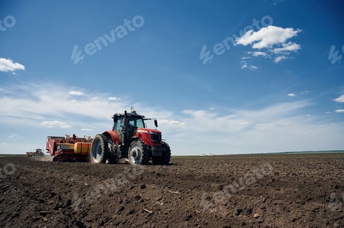 Preview: Driving on the field. Agricultural machinery, tractor. Conception of harvest