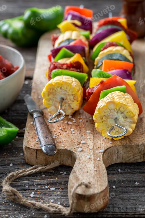Preview: Tasty and homemade grilled skewers made in summer garden.