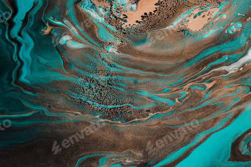 Preview: Fluid Art. Abstract marble background or texture. Turquoise waves andbronze spots inclusions