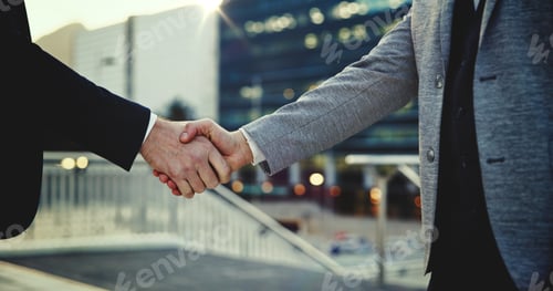 Preview: Corporate, people and handshake for success in city with partnership, introduction and agreement de
