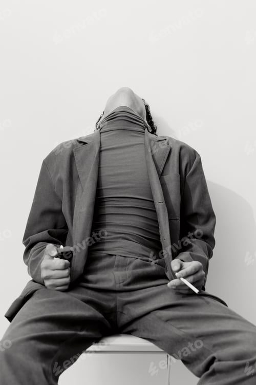 Preview: Man thoughtful white student fashion sitting and smoking cigarette lifestyle hipster black portrait
