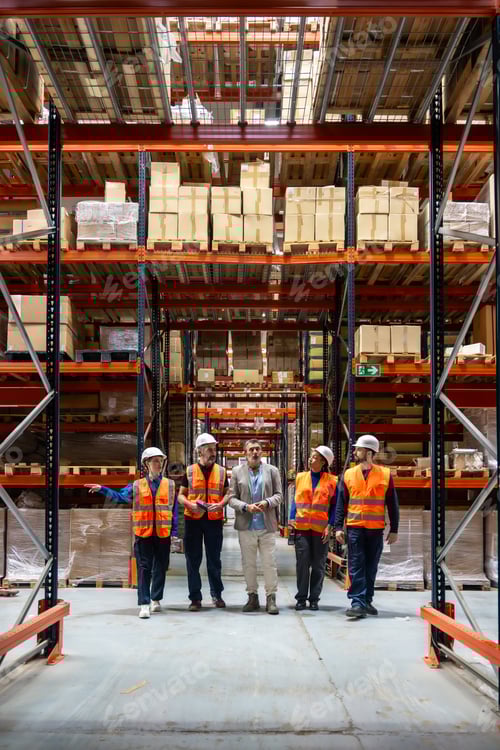 Preview: Logistics managers inspecting warehouse storage with workers