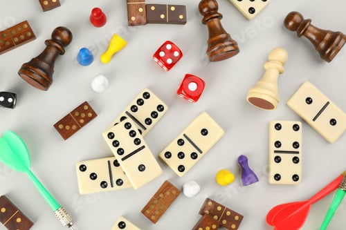 Preview: Components of board games on grey background, flat lay
