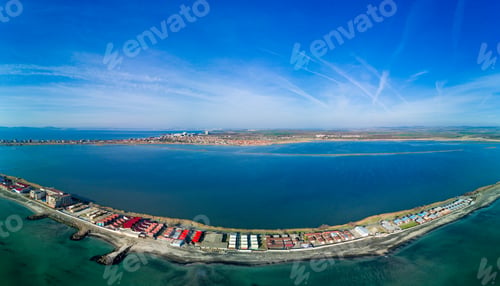 Preview: Panoramic view from a height above the town of Pomorie with houses and streets
