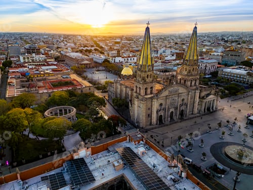 Preview: Sunrise aerial view of Guadalajara Cathedral and historic downtown