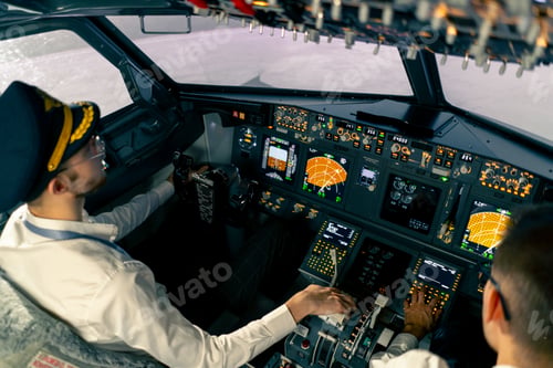 Preview: Airplane cabin Pilots check electronics by pressing buttons Passenger airliner preparation takeoff