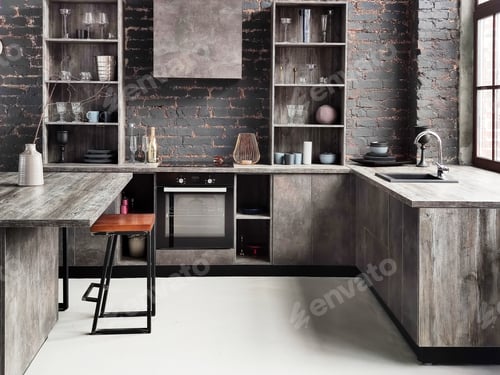 Preview: Modern design of a large gray kitchen.