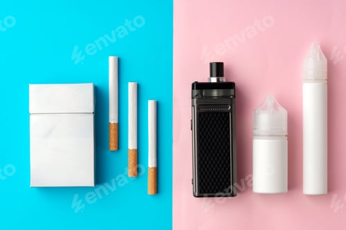 Preview: Regular cigarettes and electronic cigarette on color background