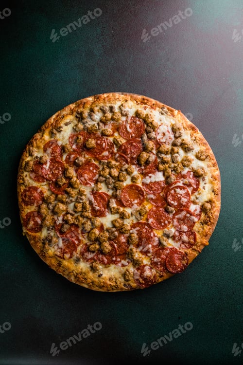 Preview: Pepperoni and Sausage Pizza – Top View, Close-Up Macro Shot