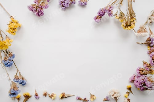Preview: Frame made of dried colored flowers on a white background. copy space. Romantic flowers. Place