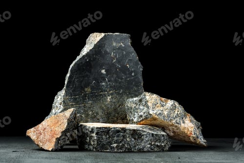 Preview: Piece of granite stone against black background