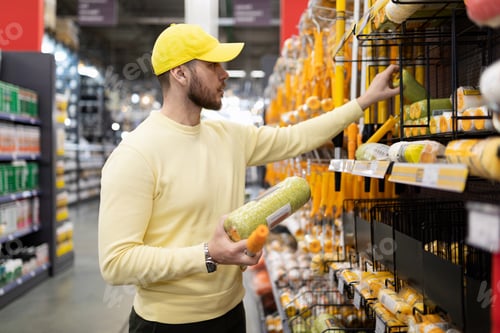 Preview: the buyer chooses brushes and rollers in the repair goods store