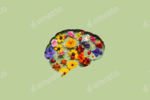 Preview: Paper cut brain symbol and flowers on green background