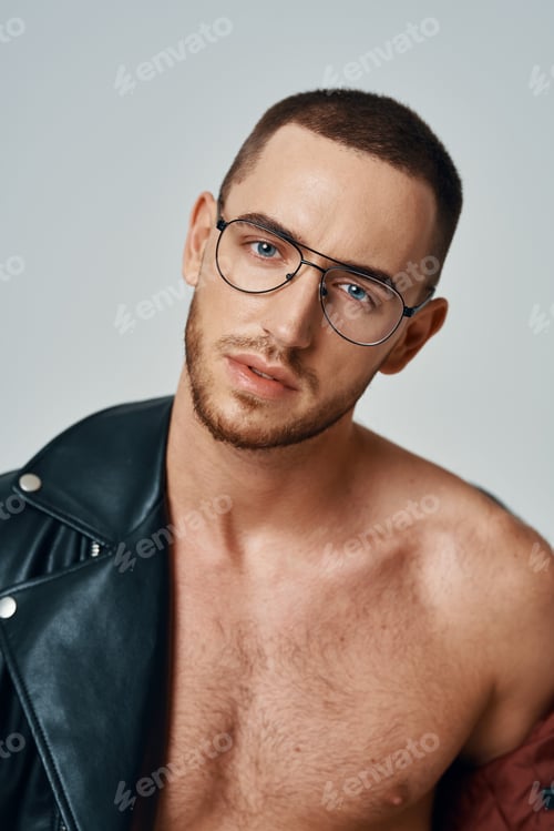 Preview: man in black leather jacket topless posing modern style self-confidence