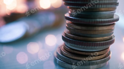 Preview: Rows Of Money Coins On Light Bokeh For Finance , Money , Investment And Business Concept Background