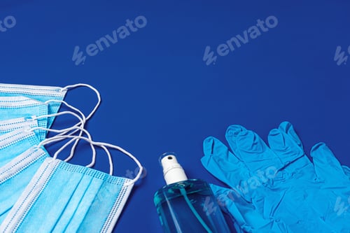 Preview: Face mask, medical gloves and sanitizer. Coronavirus prevention concept