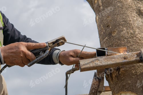 Preview: Male welder welding hollow iron for tree supports.