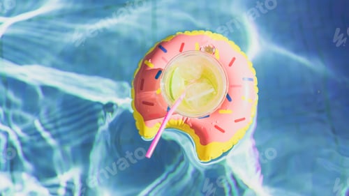Preview: Tasty cocktail with ice and fresh limon on inflatable donut toy at swimming pool.