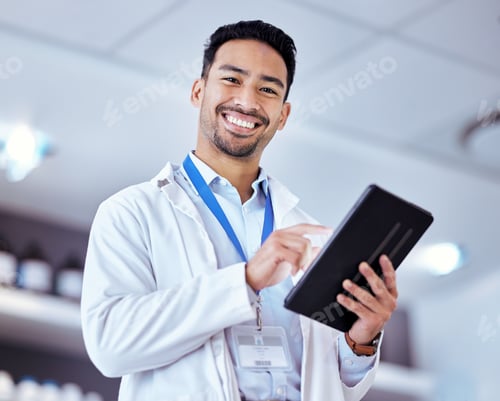 Preview: Scientist, man with tablet and smile in portrait, digital science data for medical research in lab.