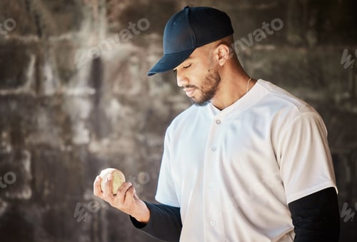Preview: Baseball field, thinking or man with a ball in training ready for match or game on bench dugout in