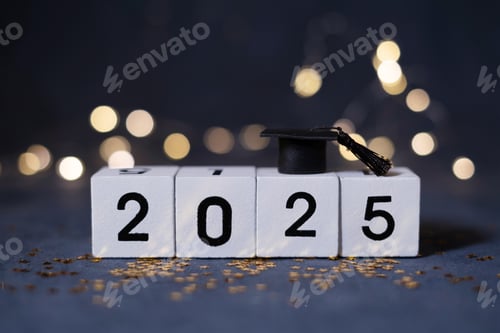 Preview: Class of 2025 concept. Wooden cubes 2025 with graduate hat on dark background with bokeh