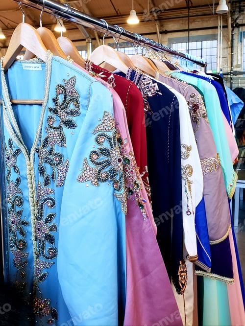 Preview: Beautiful hand embroidered silk gowns, artisanal clothing, traditional dress of Morocco