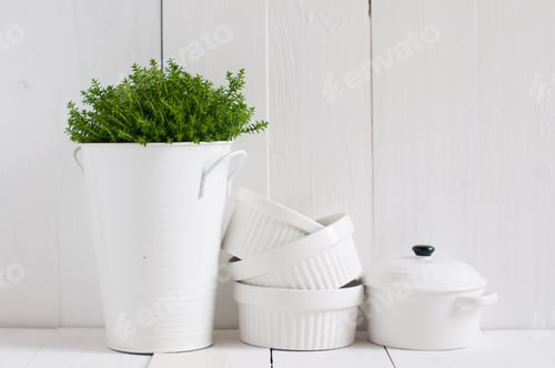 Preview: Cottage Life, Country Kitchen Decoration: A House Plant In A Metal Pot, Kitchen Pottery, Utensils