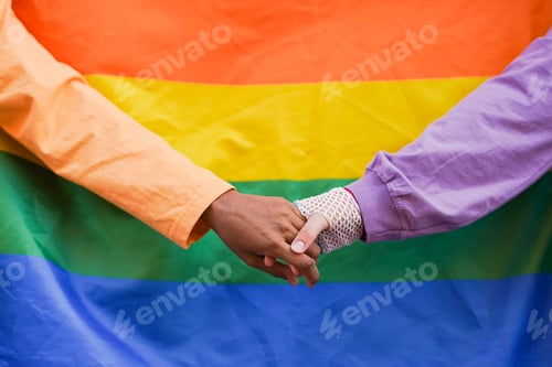 Preview: Multiracial lesbian couple holding hands with LGBT rianbow flag in background