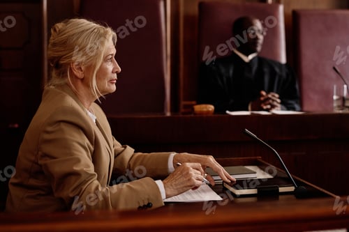 Preview: Side view of mature blond female witness or lawyer speaking in microphone