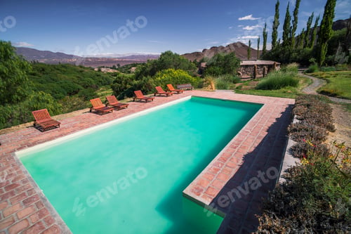Preview: Outdoor swimming pool with amazing view of Andes Mountains and landscape, Cachi, Cachi Valley, Salta