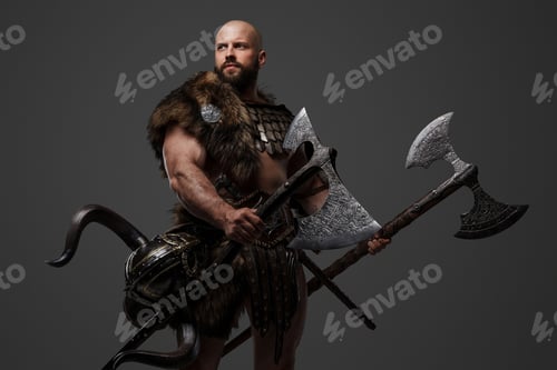 Preview: Viking man in a beard and bald head against a gray background