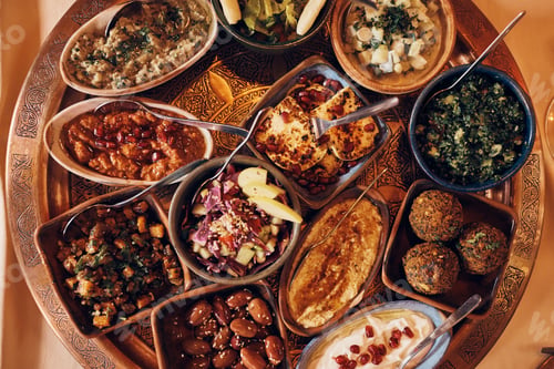 Preview: Variety of food during traditional Iftar meal on Ramadan.
