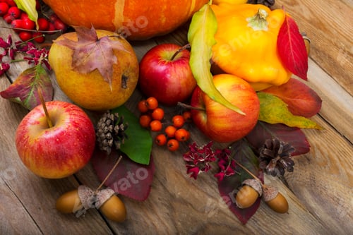 Preview: Fall background with yellow squash, apples, pear, colorful leave