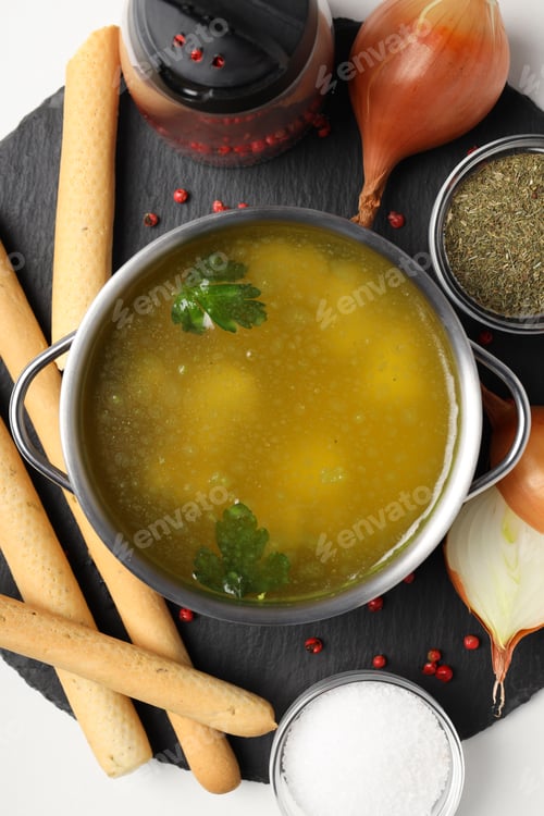 Preview: Concept of tasty food with chicken soup or broth on white background